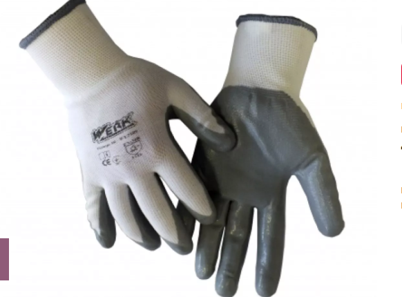 (WE2108) Рукавички поліестер білі, з сірим нітриловим покриттям р.8 WERK